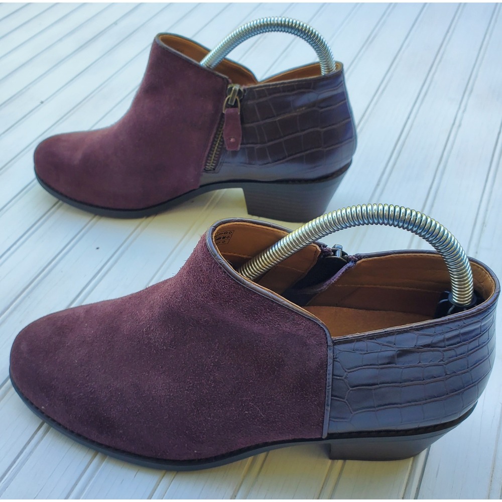 Vionic Marissa Ankle Boots Burgundy Suede Croc Leather Block Heel Women 8.5 Wide